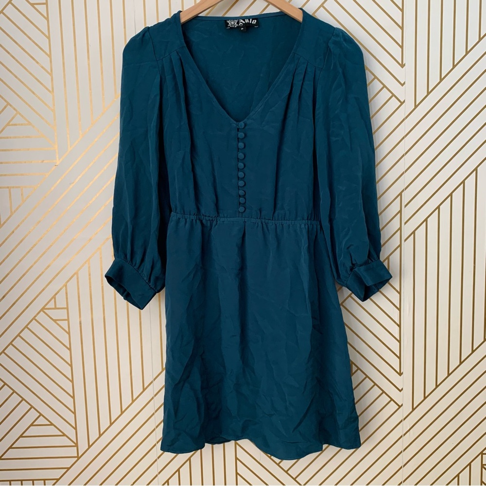 Anlo 100% Silk Babydoll puff sleeve empire fit & flare  Dress button bust teal P